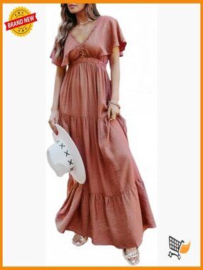 V Neck Short Sleeve Floral Maxi Dress Boho Beach Flowy Ruffle A-Line
